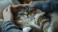Contented fluffy cat sleeping peacefully while being petted, curled up in cozy blue sweater. Close-up shows relaxed expression and soft fur in gentle lighting.