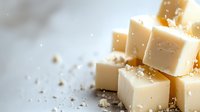 Cubed white cheese with crumbs scattered on light surface, macro food photography with soft focus and shallow depth of field for gourmet presentation.