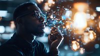 Young African American man in glasses exhaling smoke with glowing geometric patterns and light bokeh effects against dark background with vintage Edison bulbs.