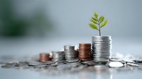 Small green plant growing from stack of coins showing increasing height, symbolizing financial growth, investment returns and sustainable business development.