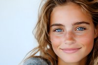 Close up portrait of young woman with natural freckles, blue eyes and blonde wavy hair smiling genuinely at camera against white background.