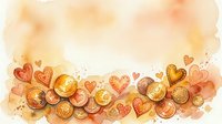 Watercolor border with golden coins and red hearts on warm peach background, copy space for Valentine finance or love savings greeting card design.