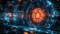 Glowing orange padlock icon in center of blue digital cyber tunnel with binary code and circuit elements. Network security concept for technology background.
