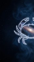 Neon glowing crab with galaxy cosmos universe inside shell against starry night sky background for science fiction and fantasy designs.