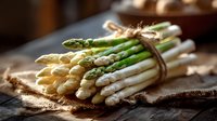 Fresh white and green asparagus bundle tied with twine on rustic burlap cloth, dramatic side lighting creates appetizing mood for food photography and cooking.
