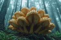 Glowing orange mushrooms growing in clusters against misty forest background, creating magical woodland atmosphere with ethereal morning light filtering through trees.