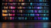 Vibrant multicolored light bars create dynamic vertical stripes against dark background with reflective floor surface, offering modern abstract backdrop for technology presentations.