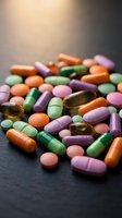 Colorful assorted pills, capsules and tablets scattered on dark surface for healthcare, pharmacy and medical treatment concepts.