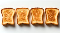Four golden brown toast slices arranged in row showing different browning levels from light to dark on white background for breakfast concepts.