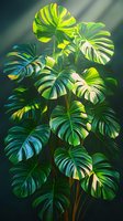 Vibrant monstera deliciosa leaves catching sunlight against dark background, creating dramatic contrast with glowing green foliage and deep shadows.