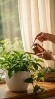 Senior woman watering green pothos houseplant with copper watering can by sunny window. Indoor gardening and plant care at home lifestyle concept.