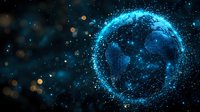 Glowing blue planet Earth surrounded by luminous particle network and light effects against dark space background with bokeh elements.