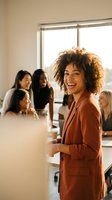 Happy African American businesswoman smiling during team meeting in modern office with diverse colleagues discussing project collaboration and teamwork.