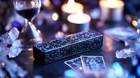 Mystical tarot cards and ornate box on dark table with glowing candles and crystals creating magical atmosphere for fortune telling and divination practice.