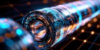 Futuristic glowing fiber optic cable with digital circuit patterns transmitting data in dark environment with bokeh light effects.