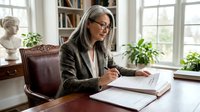 Mature woman with long gray hair and glasses wearing olive cardigan, writing at wooden desk in bright home office with bookshelves, plants, and classical bust decoration.
