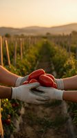 Farmers hands holding fresh red tomatoes at sunset in vineyard with mountains background showcasing organic agriculture and harvest season.