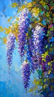 Vibrant purple wisteria flowers cascade against bright blue sky, oil painting palette knife technique creates textured petals and dynamic spring atmosphere.