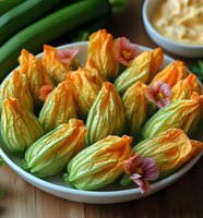 Fresh zucchini blossoms arranged on white plate with pink edible flowers and dipping sauce, natural lighting on wooden surface highlights delicate petals and texture.