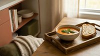 Warm bowl of soup with fresh herbs served on wooden tray alongside toasted bread slices, cozy home interior setting with natural window light and books.