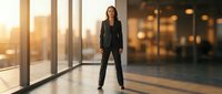 Confident female professional in black business suit standing in modern office lobby with floor-to-ceiling windows overlooking city skyline at sunset, corporate leadership and career success concept.