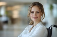 Young Caucasian woman in white blouse sitting in wheelchair, smiling confidently at camera in bright office environment with soft bokeh background.