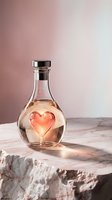 Elegant glass perfume bottle with glowing heart shape inside on marble surface against soft pink gradient background for luxury cosmetics branding.