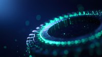 Glowing turquoise circular pattern with bokeh effect on dark background creates futuristic technological atmosphere, suitable for digital innovation concepts.