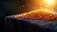 Fresh red caviar on dark surface with golden bokeh lights and sun flare creates luxurious gourmet atmosphere. Premium seafood delicacy close-up view.