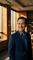Confident mature businessman smiling in modern office with warm lighting and wooden interior design elements for corporate and professional use.