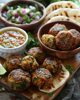 Grilled spicy meatballs served with fresh herbs, lime wedges, flatbread and dipping sauces on wooden board. Middle Eastern cuisine appetizer with onion salad.