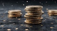 Stack of golden coins on dark surface with floating money particles creating wealth and financial success concept for business investment presentations.