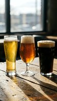 Three different beer glasses with lager, ale and stout on rustic wooden table in pub with window light for brewery and bar concepts.