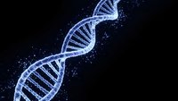 Glowing blue DNA double helix structure with sparkling particles on dark background for genetic research and biotechnology concepts.