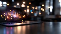 Glowing laptop keyboard in dark room with magical bokeh light effects and sparkles creating dreamy atmosphere. Modern technology meets artistic photography.