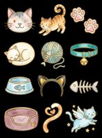 Watercolor cat clipart set with cute kittens, paw prints, yarn ball, collar, fish bowl, cat ears, and angel cat, isolated on transparent background for stickers and print on demand.