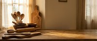 Warm sunlit kitchen counter with wooden bowls, cutting boards and utensils creating cozy cooking atmosphere for culinary backgrounds and food preparation.