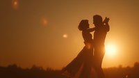 Romantic couple dancing together in silhouette against golden sunset sky, expressing love and connection through elegant ballroom dance movement outdoors.