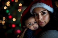 Young Hispanic mother wearing Santa hat holds baby close against Christmas lights background creating warm holiday atmosphere with soft bokeh effect.
