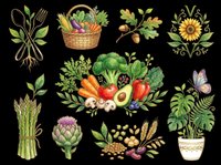 Organic garden elements collection with vegetables, fruits, herbs, and potted plants isolated on transparent background. Ready for clipart, t-shirt design, stickers, print-on-demand products, and sublimation projects.