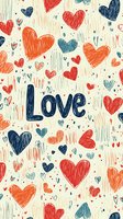 Romantic seamless pattern with navy blue and coral red sketched hearts and love lettering on light background. For Valentine's cards, wrapping paper and textile design.