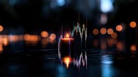 Glowing audio spectrum visualization with colorful waveform reflection on dark surface against blurred city lights bokeh background creates futuristic atmosphere.