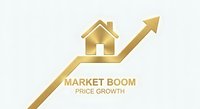 Golden house icon on upward trending arrow showing real estate market boom and property price growth with luxury gold design elements.