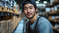 Young Asian male warehouse worker in baseball cap and apron smiling while working in storage facility with shelves of inventory boxes in background.
