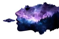 Mystical double exposure silhouette of woman's profile merged with starry night sky and forest landscape, with UFO spacecraft adding surreal cosmic element.
