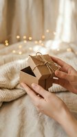 Hands opening small kraft paper gift box with twine bow on cozy bed with warm fairy lights creating festive holiday atmosphere for celebrations.