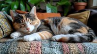Sleepy calico cat lounging on colorful woven textile, curled up against decorative cushions with houseplants in background. Cozy home pet photography.