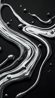 Abstract liquid metal flowing waves with droplets on black background creating dynamic fluid motion patterns for modern design projects.