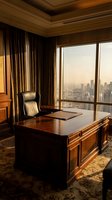 Luxury executive office with wooden desk, leather chair and city skyline view through large windows. Corporate business interior design concept.