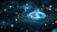 Glowing spiral galaxy formation with blue light trails and orange bokeh particles against dark background, cosmic space art for astronomy concepts.